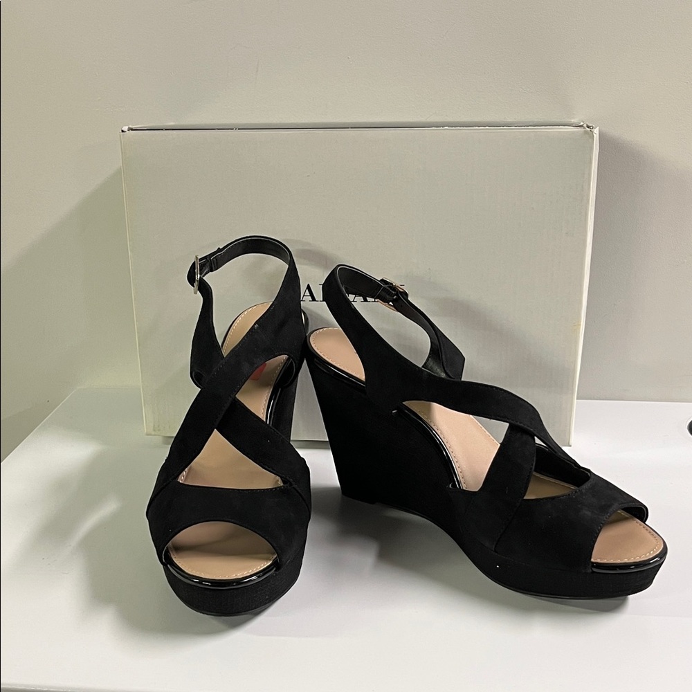 ALFANI NEW Whimsigoth Party Black Suede Leather Crossover Platform Wedge Shoe 10